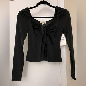 NWT Open Edit Long Sleeve Keyhole Black Crop Top Size XS